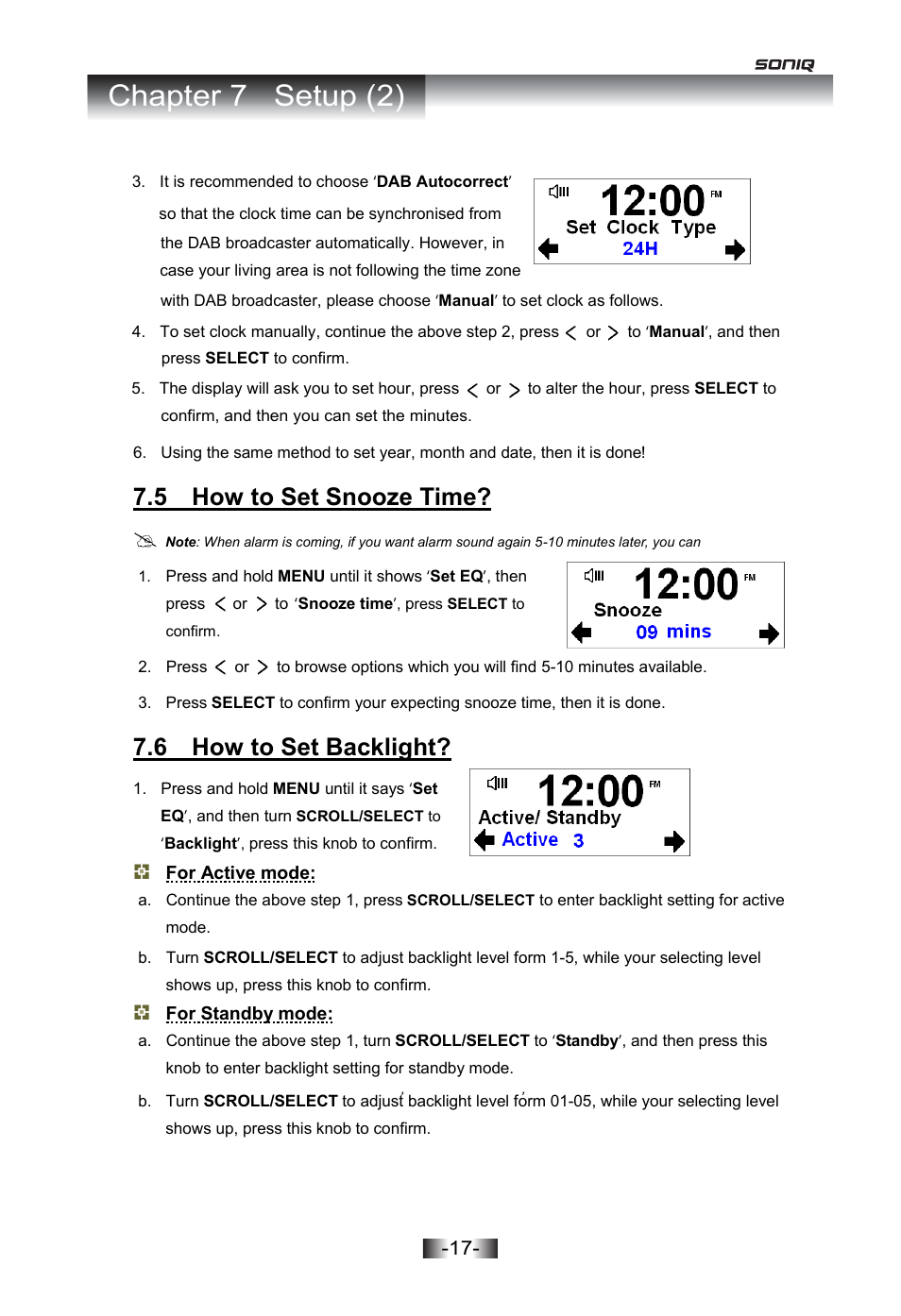 Chapter 7 setup (2), 5 how to set snooze time, 6 how to set backlight | SONIQ I402 User Manual | Page 17 / 20