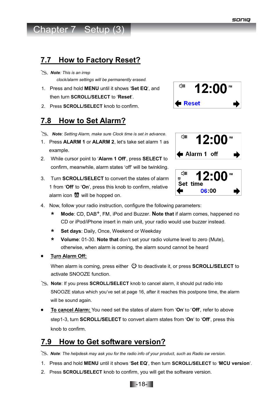 Chapter 7 setup (3), 8 how to set alarm, 9 how to get software version | 7 how to factory reset | SONIQ I402 User Manual | Page 18 / 20