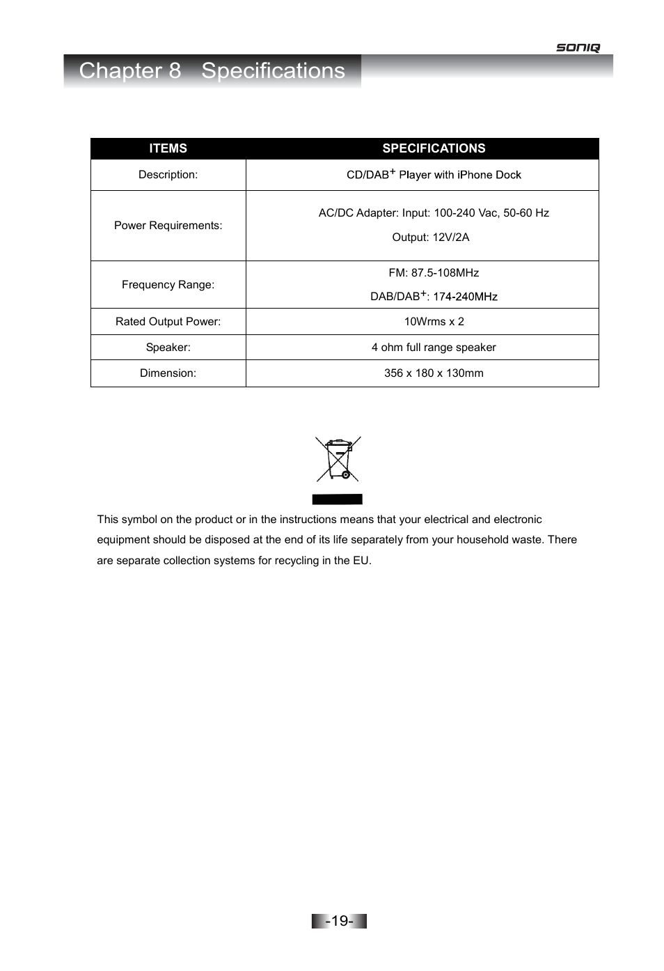 Chapter 8 specifications | SONIQ I402 User Manual | Page 19 / 20