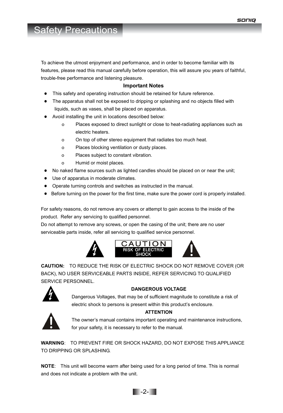Safety precautions | SONIQ I402 User Manual | Page 2 / 20