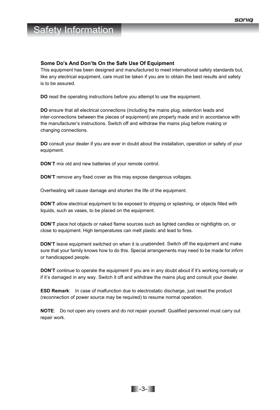 Safety information | SONIQ I402 User Manual | Page 3 / 20