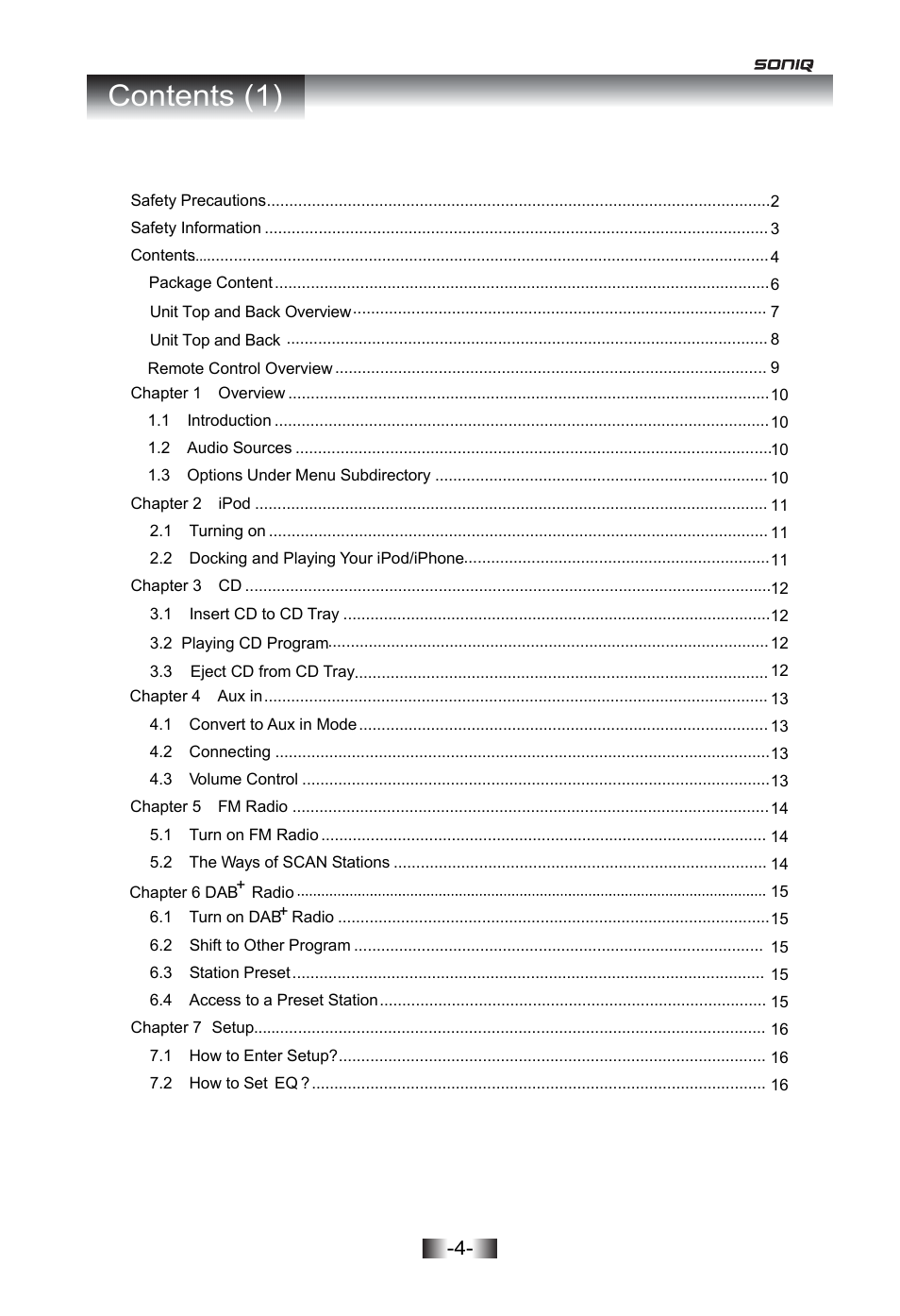 Contents (1) | SONIQ I402 User Manual | Page 4 / 20