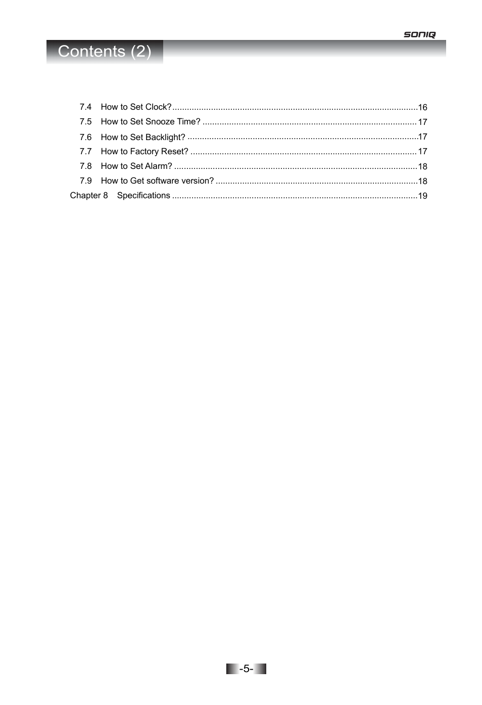 Contents (2) | SONIQ I402 User Manual | Page 5 / 20