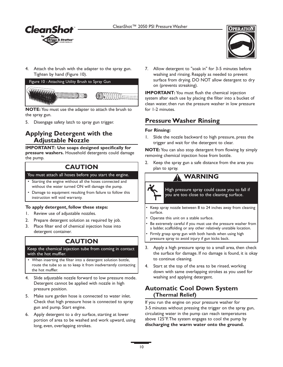 Applying detergent with the adjustable nozzle, Pressure washer rinsing, Automatic cool down system | Caution, Warning caution | Briggs & Stratton CLEANSHOT 2050PSI User Manual | Page 10 / 36