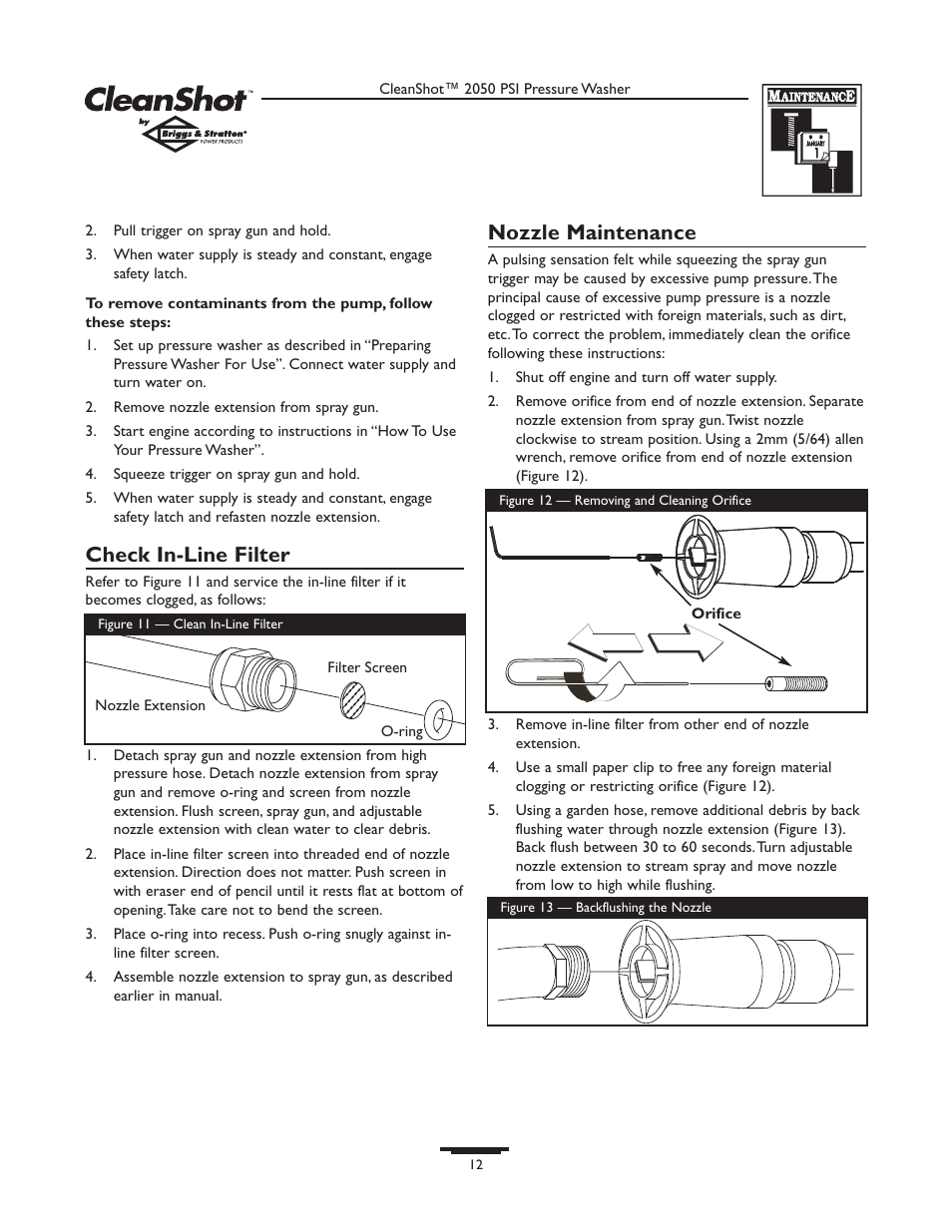 Check in-line filter, Nozzle maintenance | Briggs & Stratton CLEANSHOT 2050PSI User Manual | Page 12 / 36