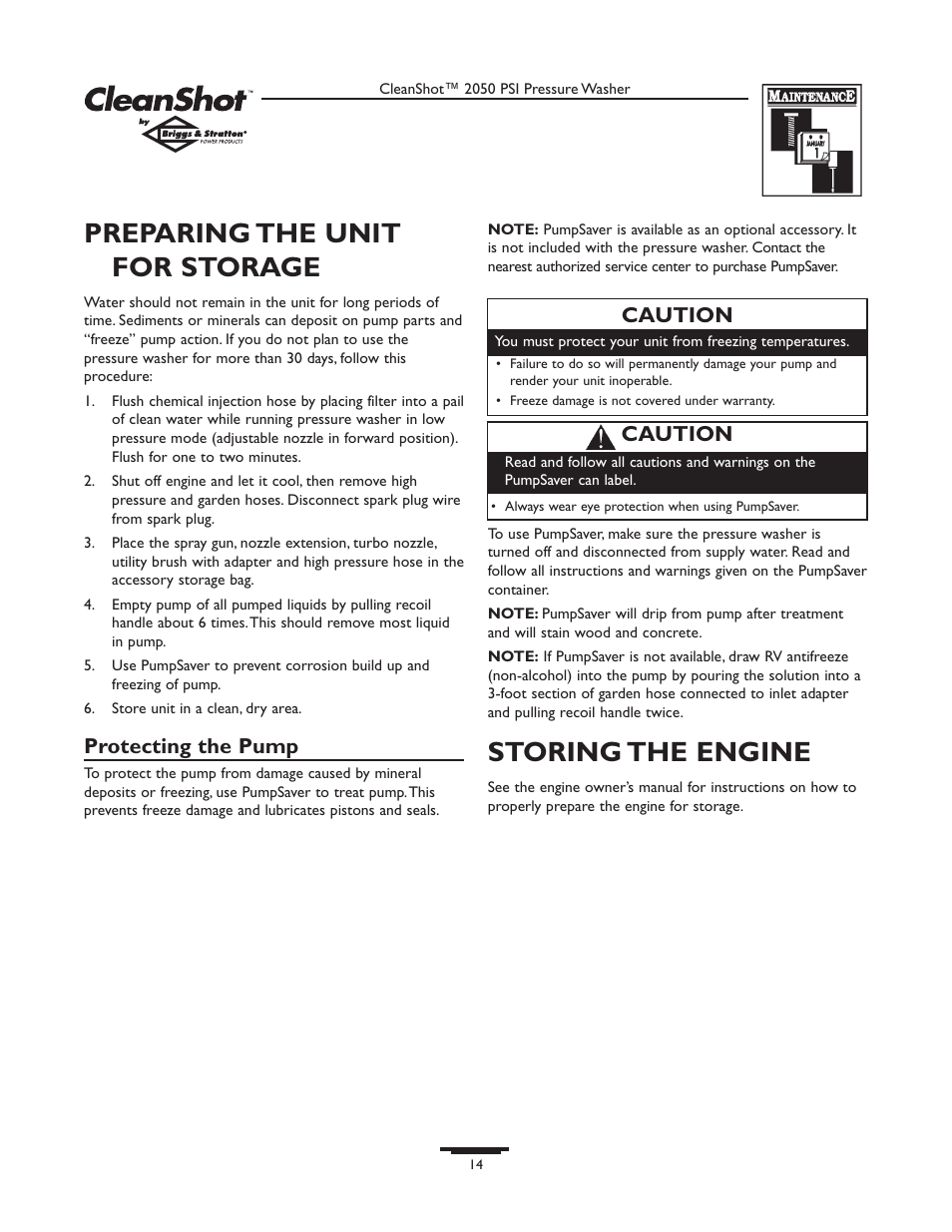 Preparing the unit for storage, Storing the engine, Protecting the pump | Caution | Briggs & Stratton CLEANSHOT 2050PSI User Manual | Page 14 / 36