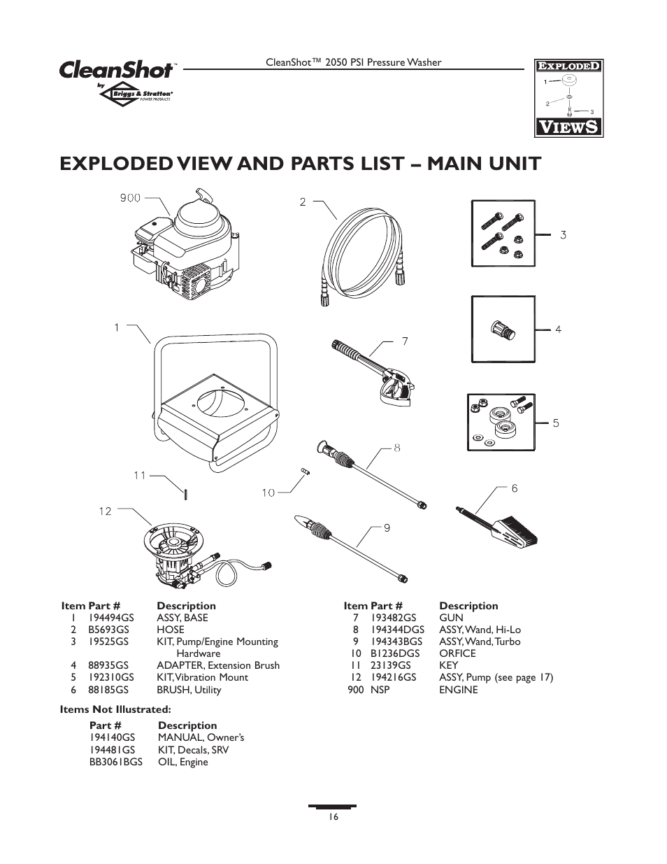 Exploded view and parts list – main unit | Briggs & Stratton CLEANSHOT 2050PSI User Manual | Page 16 / 36