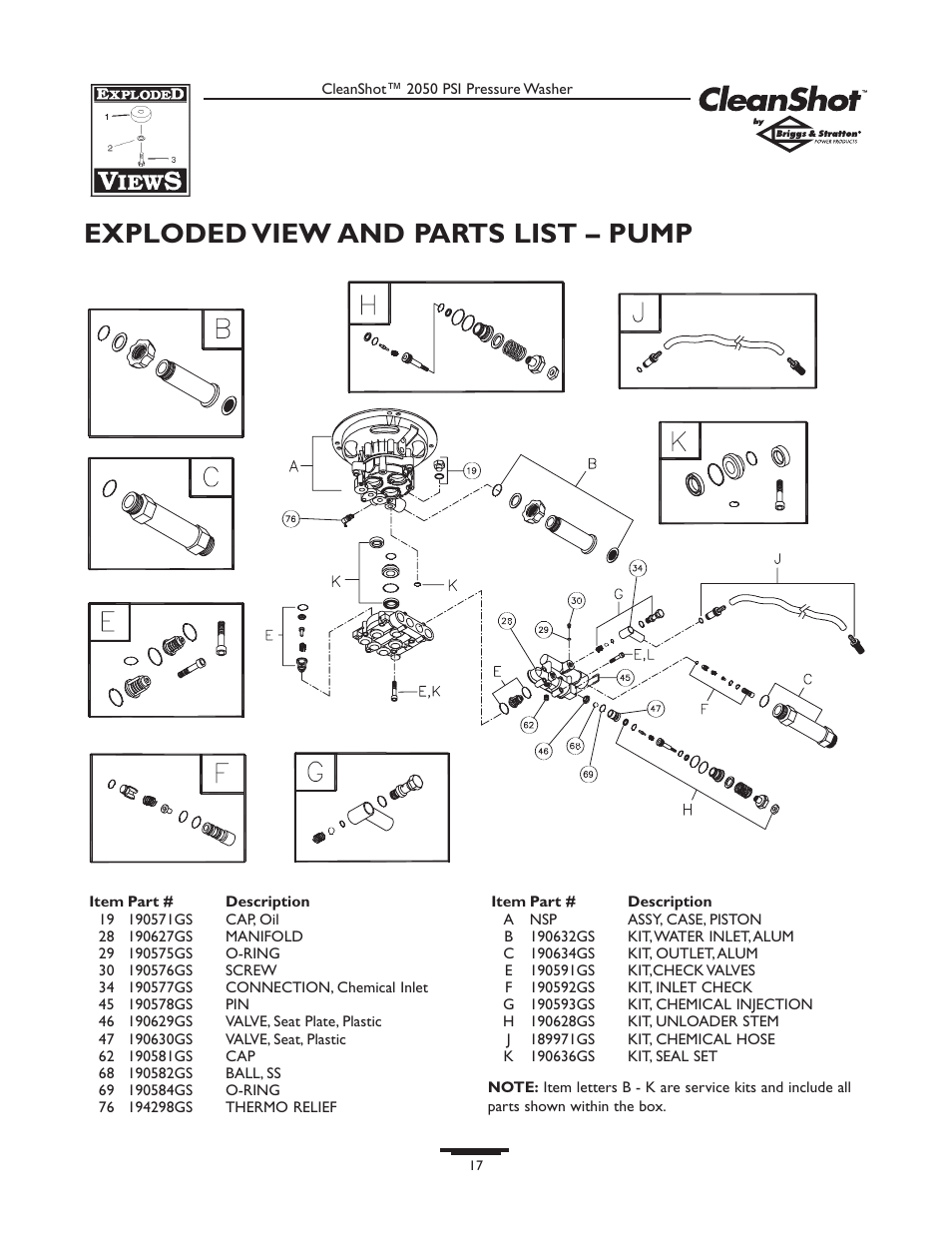 Exploded view and parts list – pump | Briggs & Stratton CLEANSHOT 2050PSI User Manual | Page 17 / 36