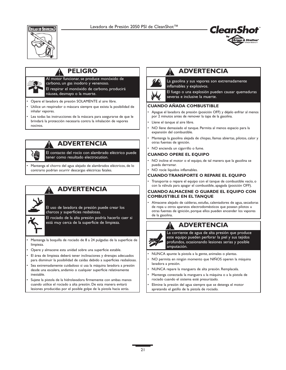 Advertencia, Peligro | Briggs & Stratton CLEANSHOT 2050PSI User Manual | Page 21 / 36