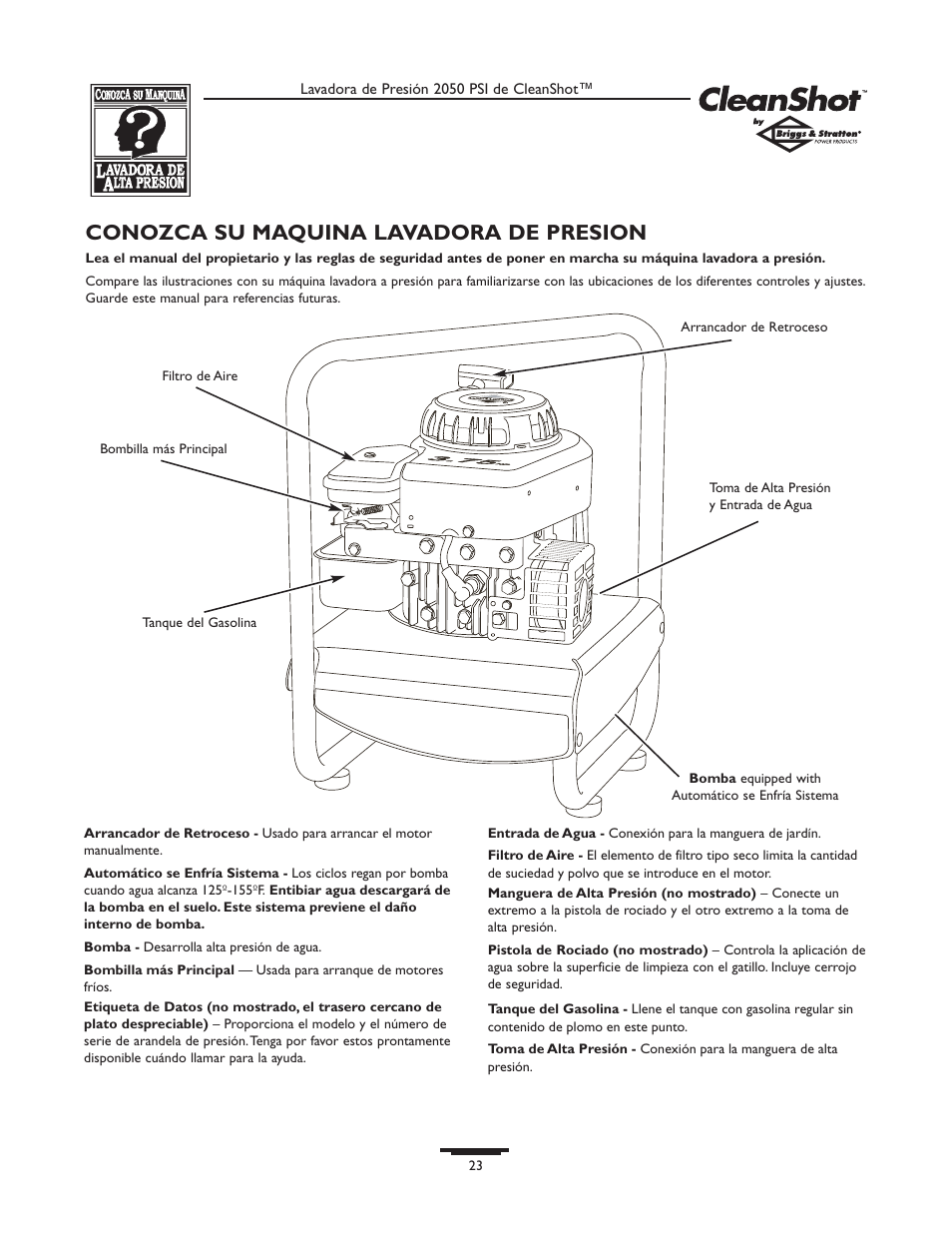 Conozca su maquina lavadora de presion | Briggs & Stratton CLEANSHOT 2050PSI User Manual | Page 23 / 36