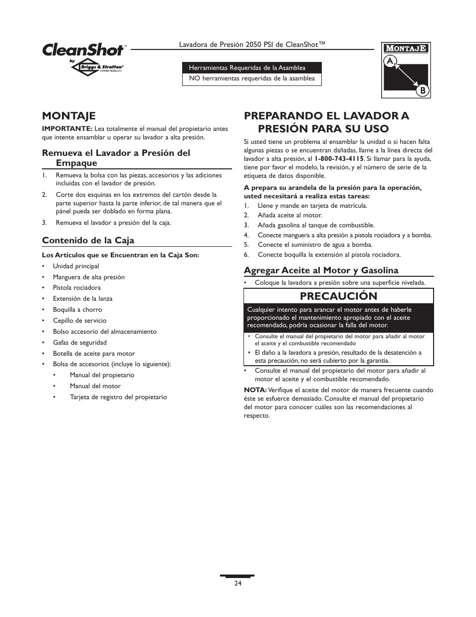 Montaje, Preparando el lavador a presión para su uso, Precaución | Briggs & Stratton CLEANSHOT 2050PSI User Manual | Page 24 / 36