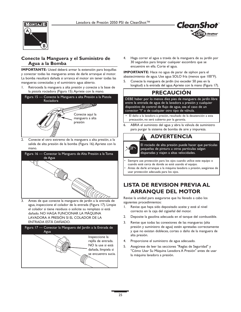 Lista de revision previa al arranque del motor, Precaución, Advertencia | Briggs & Stratton CLEANSHOT 2050PSI User Manual | Page 25 / 36