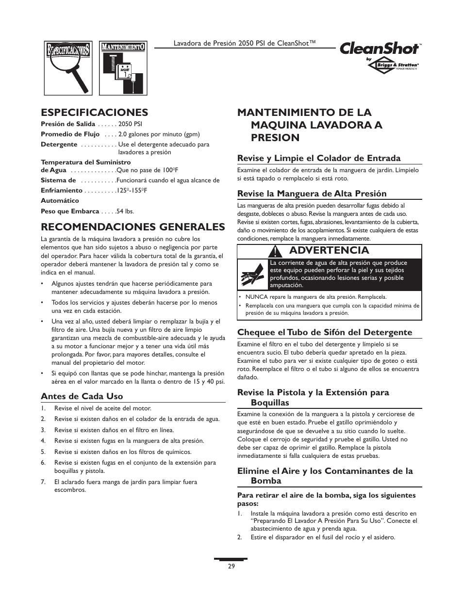 Especificaciones, Recomendaciones generales, Mantenimiento de la maquina lavadora a presion | Advertencia | Briggs & Stratton CLEANSHOT 2050PSI User Manual | Page 29 / 36