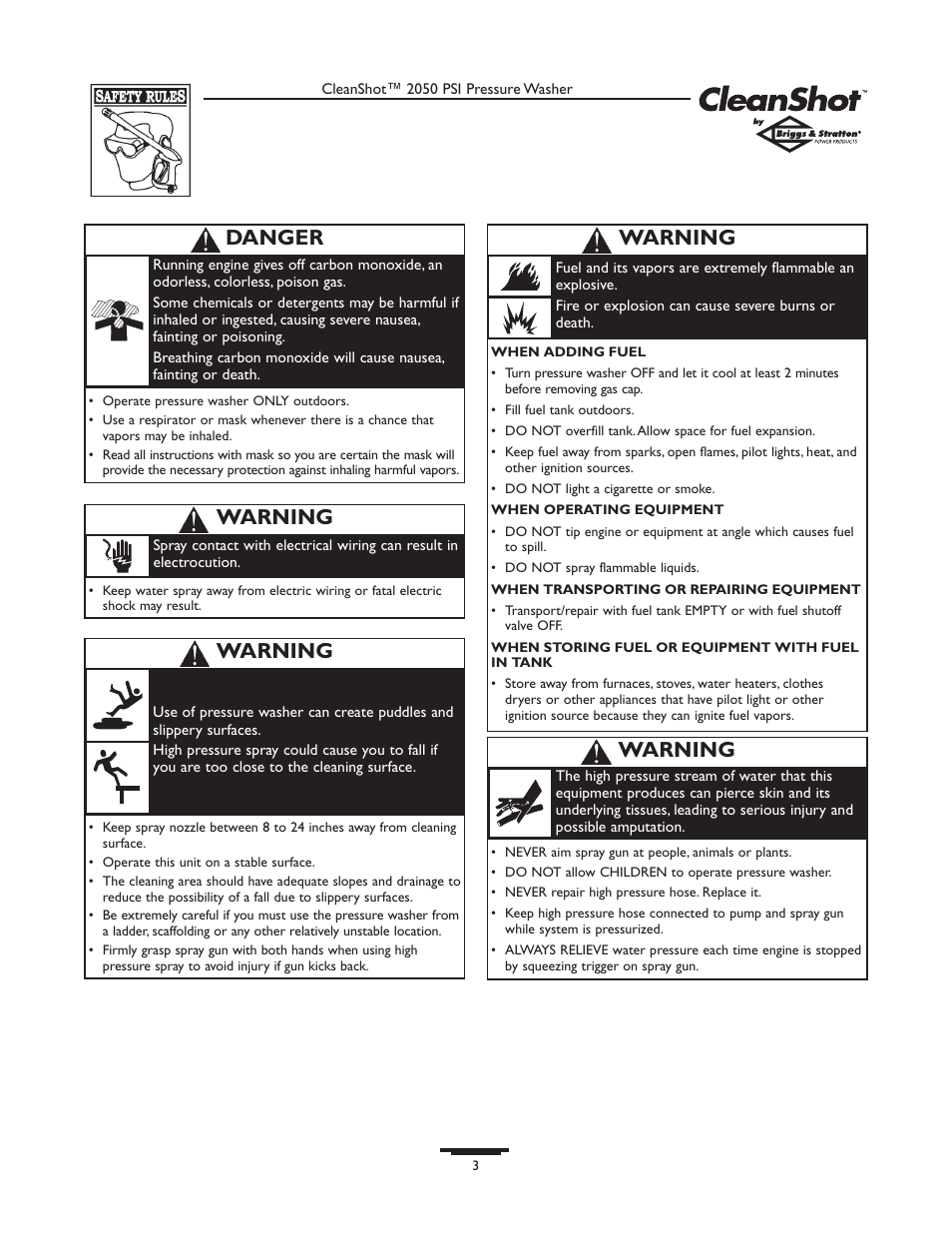 Warning, Danger | Briggs & Stratton CLEANSHOT 2050PSI User Manual | Page 3 / 36