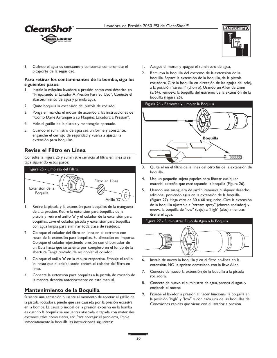 Revise el filtro en línea, Mantenimiento de la boquilla | Briggs & Stratton CLEANSHOT 2050PSI User Manual | Page 30 / 36