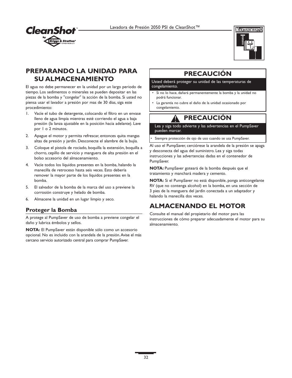 Preparando la unidad para su almacenamiento, Almacenando el motor, Precaución | Briggs & Stratton CLEANSHOT 2050PSI User Manual | Page 32 / 36