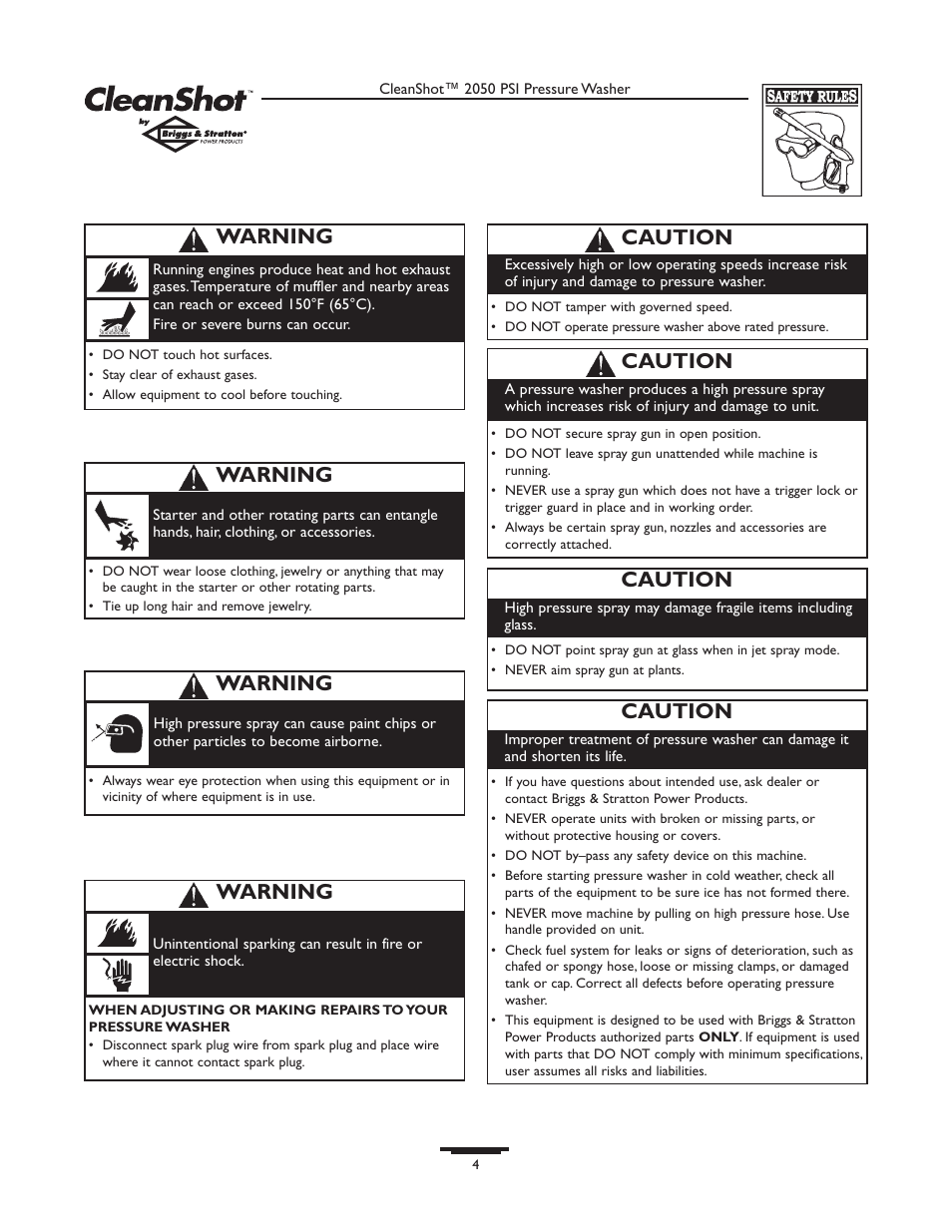 Caution, Warning | Briggs & Stratton CLEANSHOT 2050PSI User Manual | Page 4 / 36