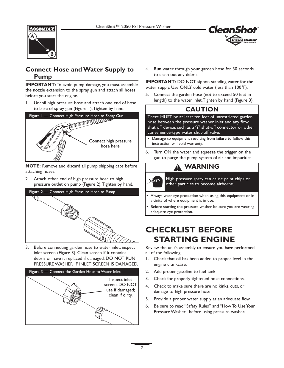 Checklist before starting engine, Connect hose and water supply to pump, Caution | Warning | Briggs & Stratton CLEANSHOT 2050PSI User Manual | Page 7 / 36