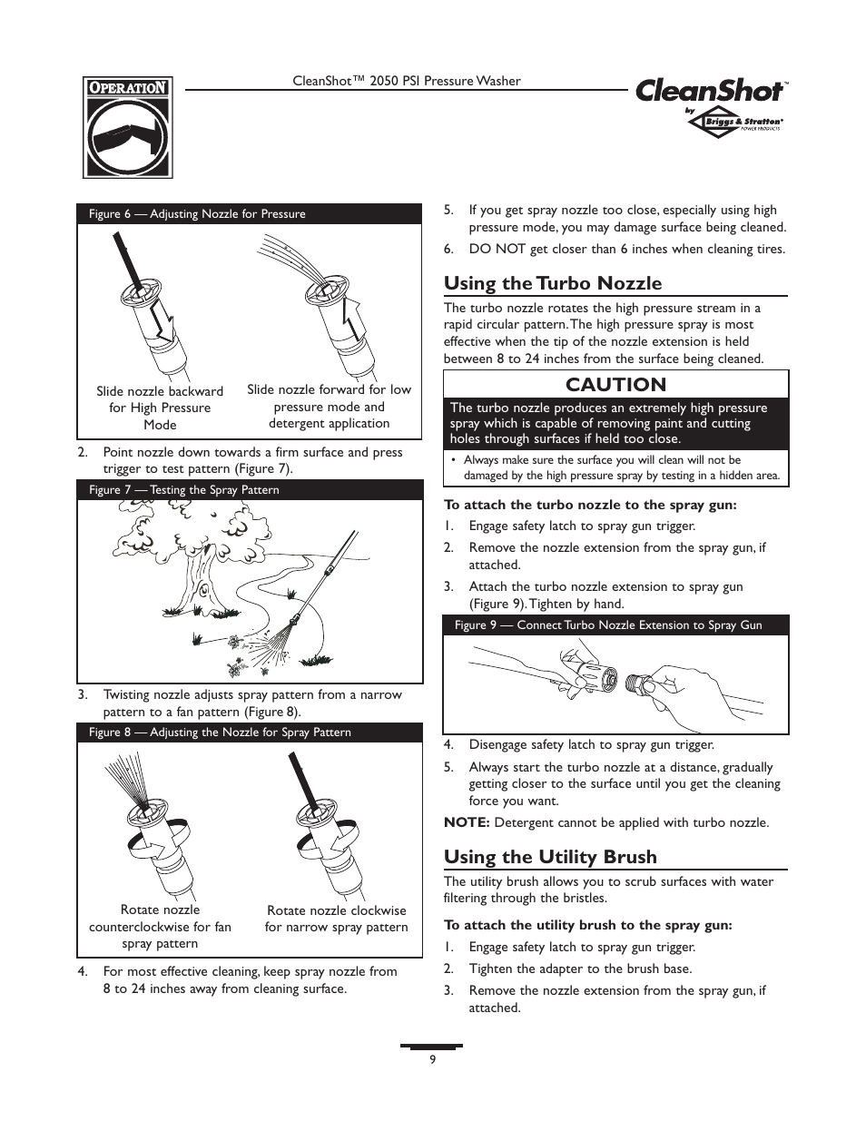 Using the turbo nozzle, Using the utility brush, Caution | Briggs & Stratton CLEANSHOT 2050PSI User Manual | Page 9 / 36