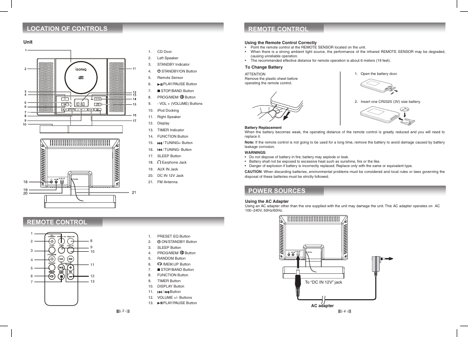 Remote control, Location of controls, Remote control power sources | SONIQ IM311B User Manual | Page 3 / 8