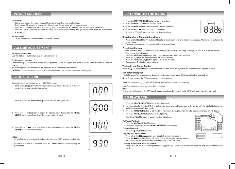 Power sources, Volume adjustment clock setting, Listening to the radio cd playback | SONIQ IM311B User Manual | Page 4 / 8