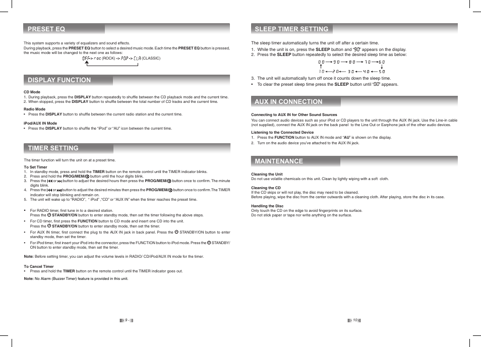 Preset eq, Display function timer setting, Sleep timer setting aux in connection | Maintenance | SONIQ IM311B User Manual | Page 6 / 8