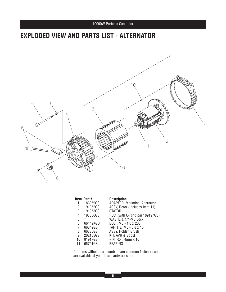 Exploded view and parts list - alternator | Briggs & Stratton 030207 User Manual | Page 5 / 6