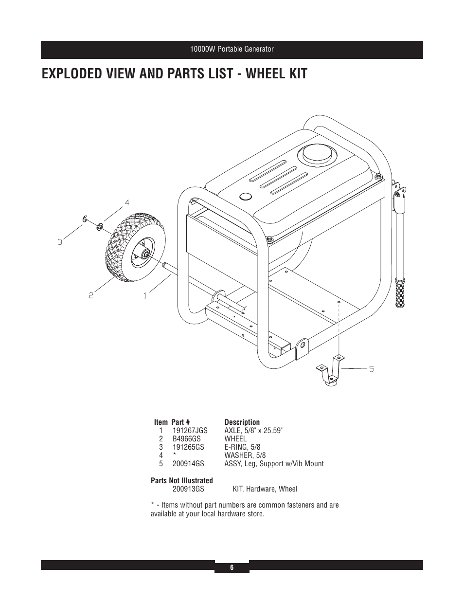 Exploded view and parts list - wheel kit | Briggs & Stratton 030207 User Manual | Page 6 / 6