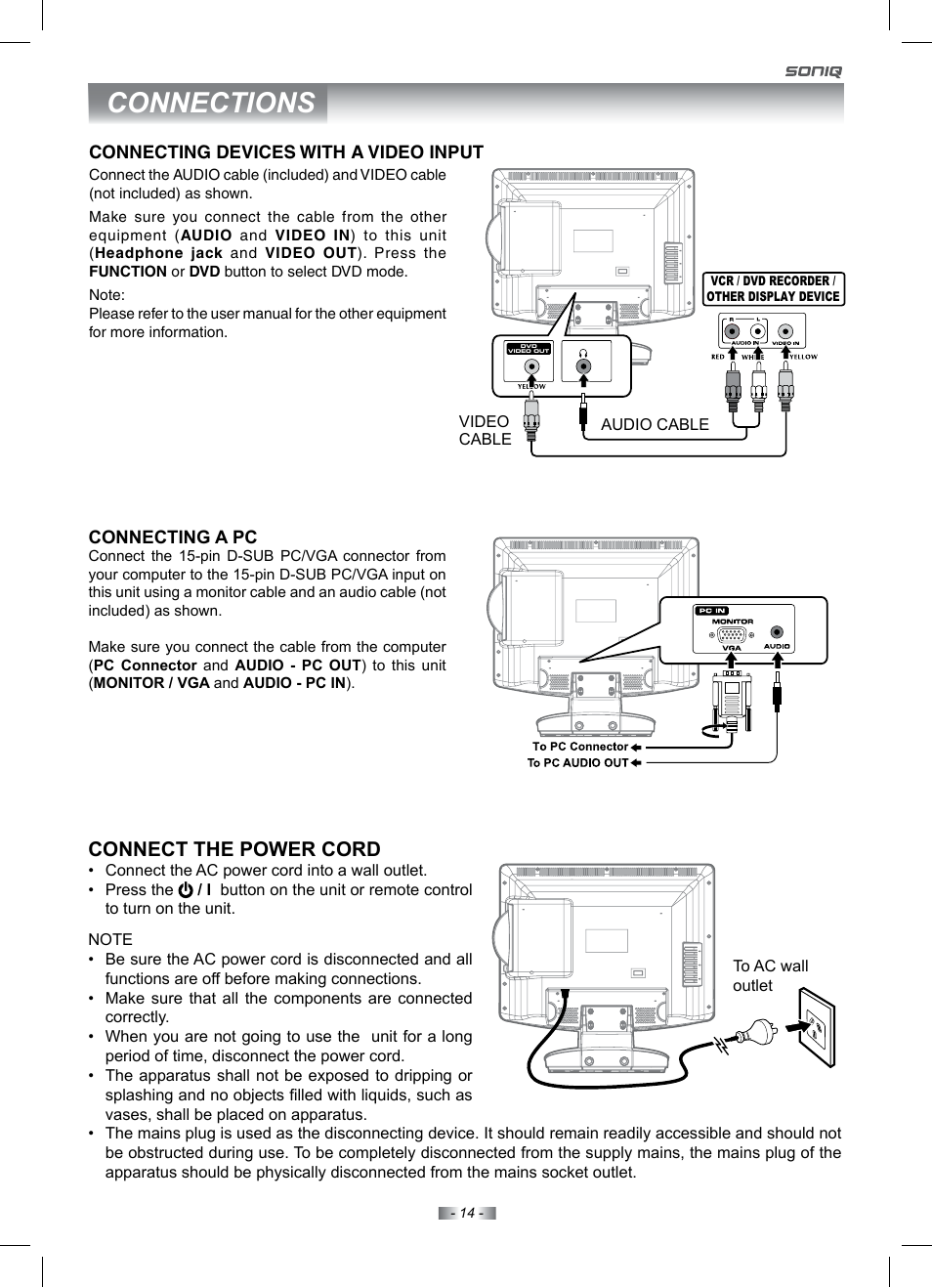 Connections, Connect the power cord | SONIQ IV190T User Manual | Page 14 / 35
