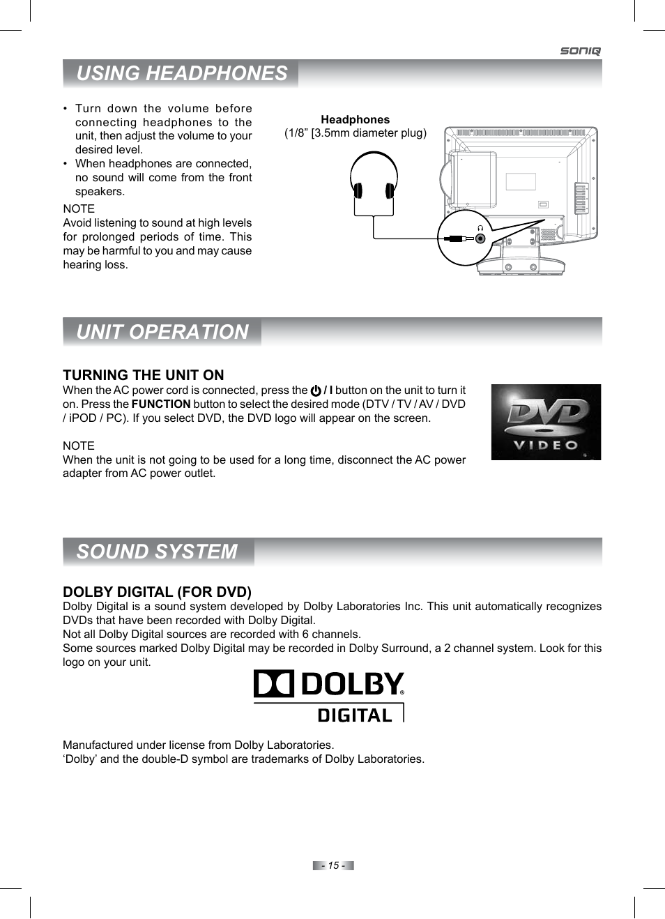 Sound system unit operation, Using headphones | SONIQ IV190T User Manual | Page 15 / 35