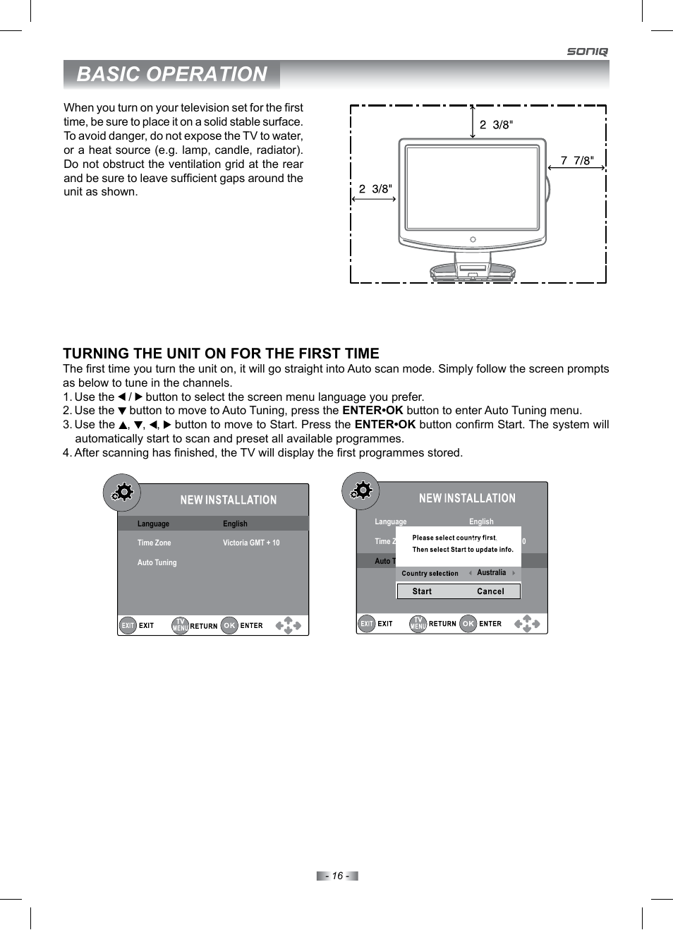 Basic operation, Turning the unit on for the first time | SONIQ IV190T User Manual | Page 16 / 35