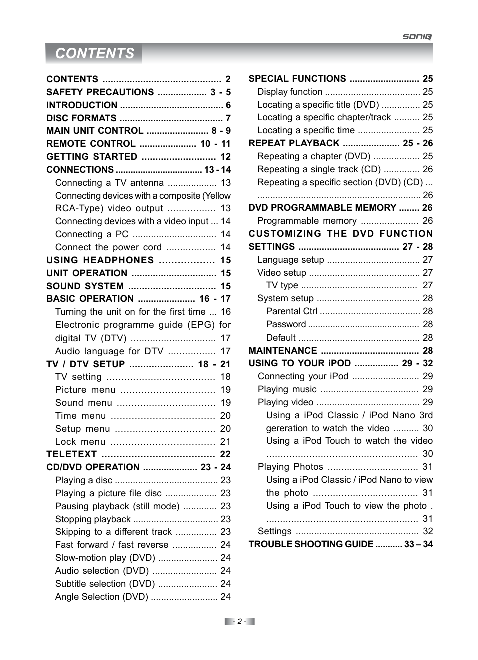 SONIQ IV190T User Manual | Page 2 / 35