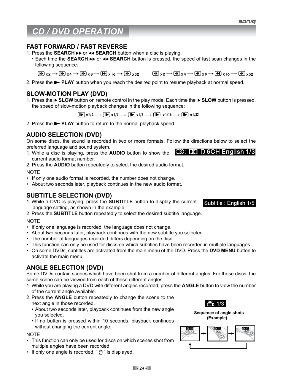 Cd / dvd operation, Fast forward / fast reverse, Slow-motion play (dvd) | Audio selection (dvd), Subtitle selection (dvd), Angle selection (dvd) | SONIQ IV190T User Manual | Page 24 / 35