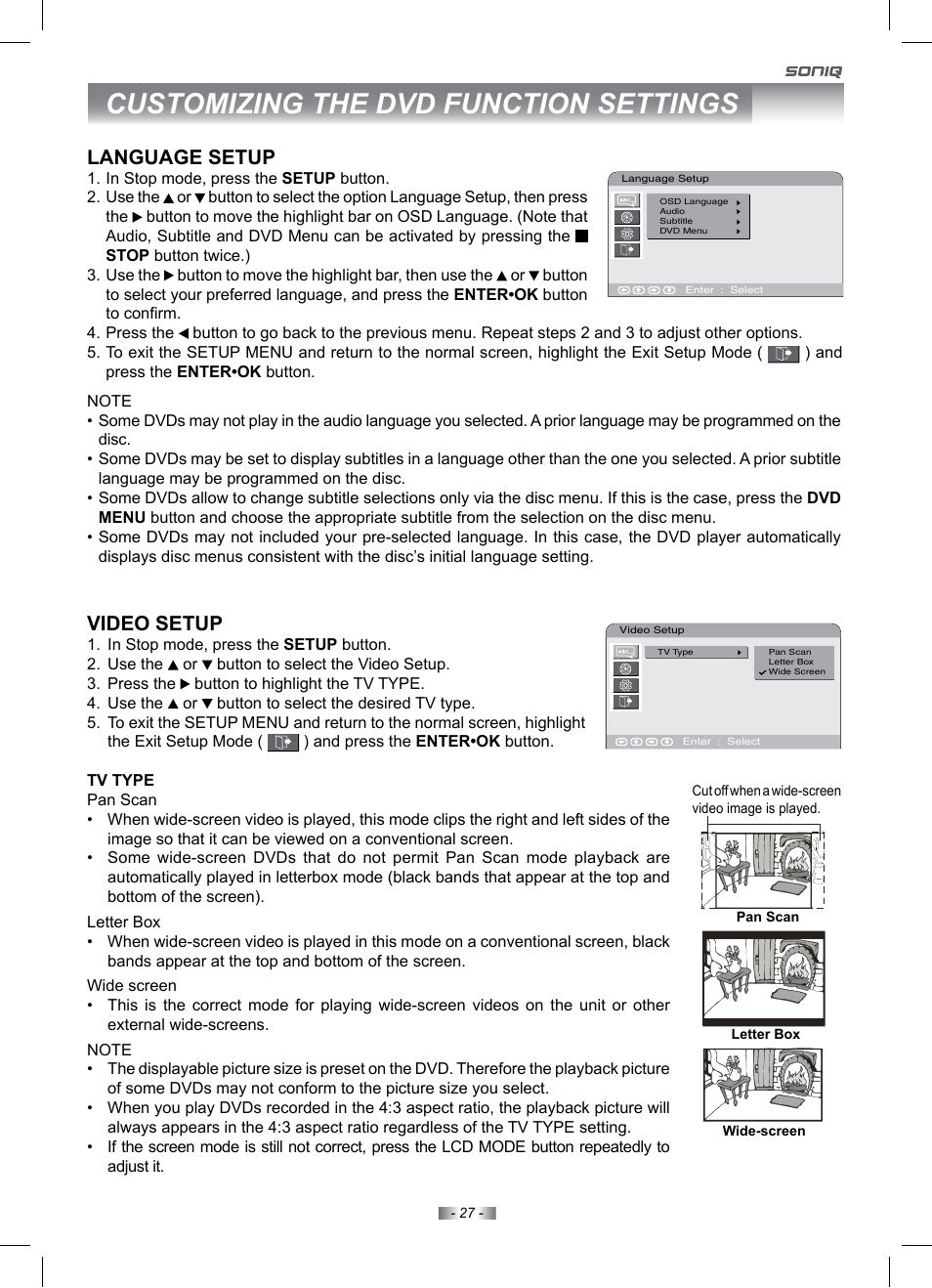 Customizing the dvd function settings, Language setup, Video setup | SONIQ IV190T User Manual | Page 27 / 35
