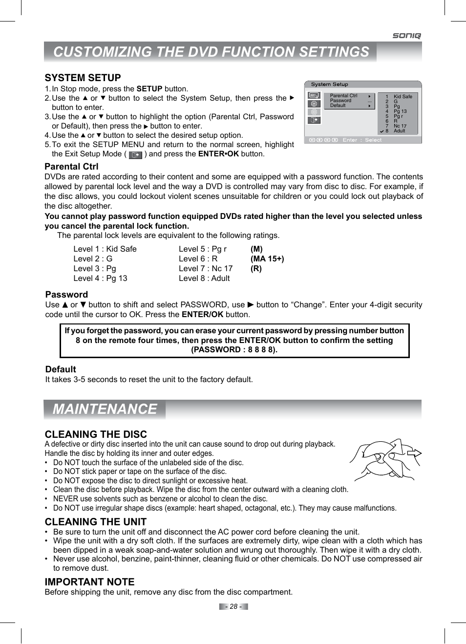 Maintenance, Customizing the dvd function settings, Cleaning the disc | Cleaning the unit, System setup | SONIQ IV190T User Manual | Page 28 / 35