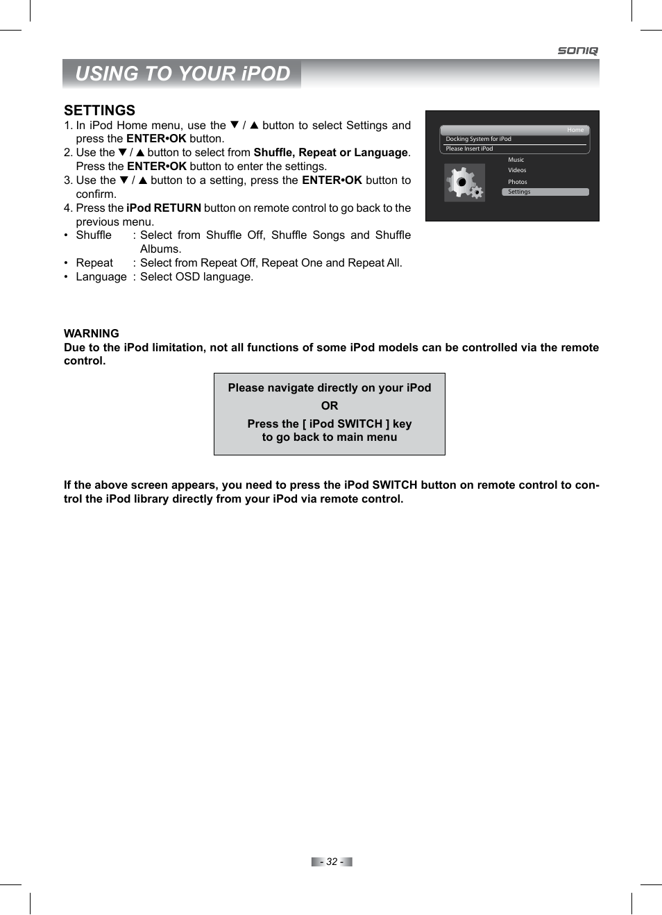 Using to your ipod, Settings | SONIQ IV190T User Manual | Page 32 / 35