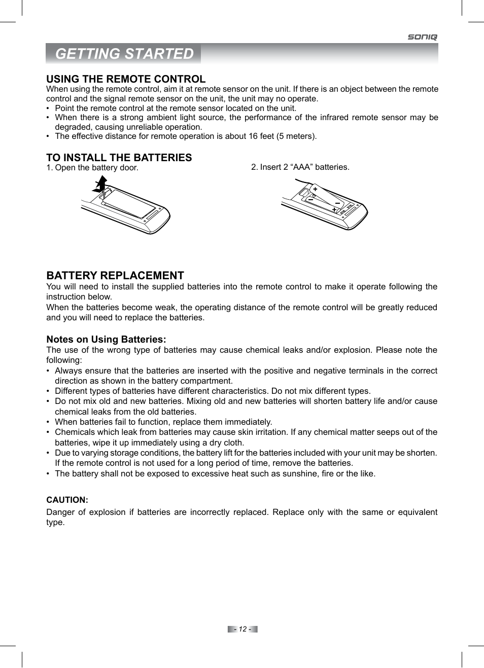 Getting started, Battery replacement | SONIQ IV220T User Manual | Page 12 / 35