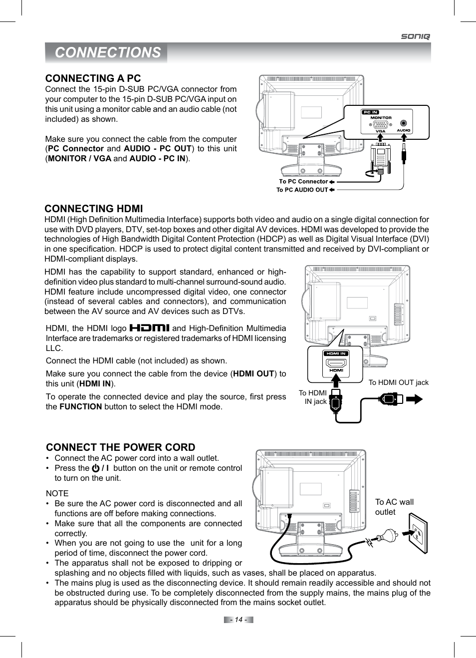 Connections, Connecting a pc, Connecting hdmi | Connect the power cord | SONIQ IV220T User Manual | Page 14 / 35