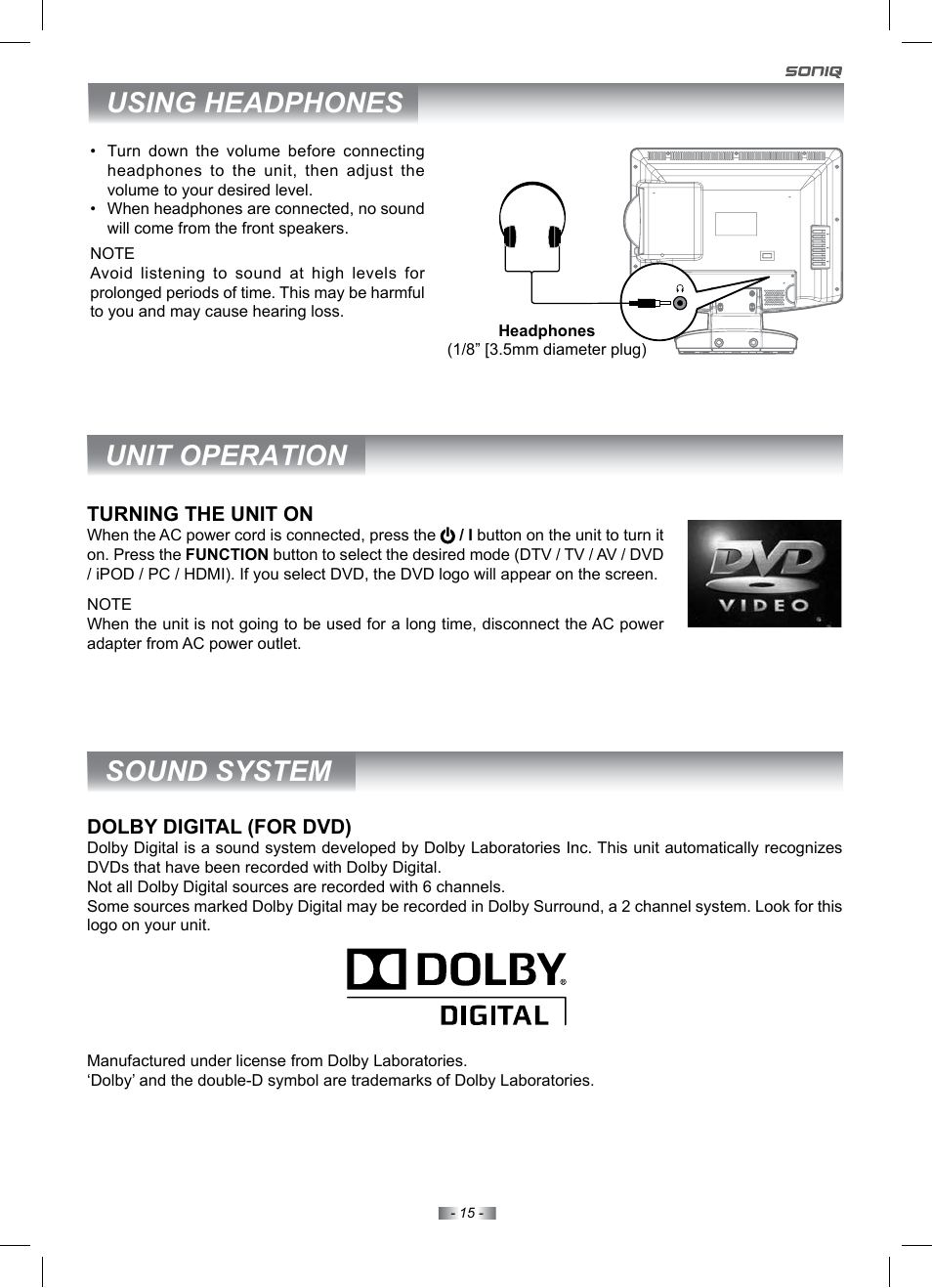 Sound system unit operation, Using headphones | SONIQ IV220T User Manual | Page 15 / 35