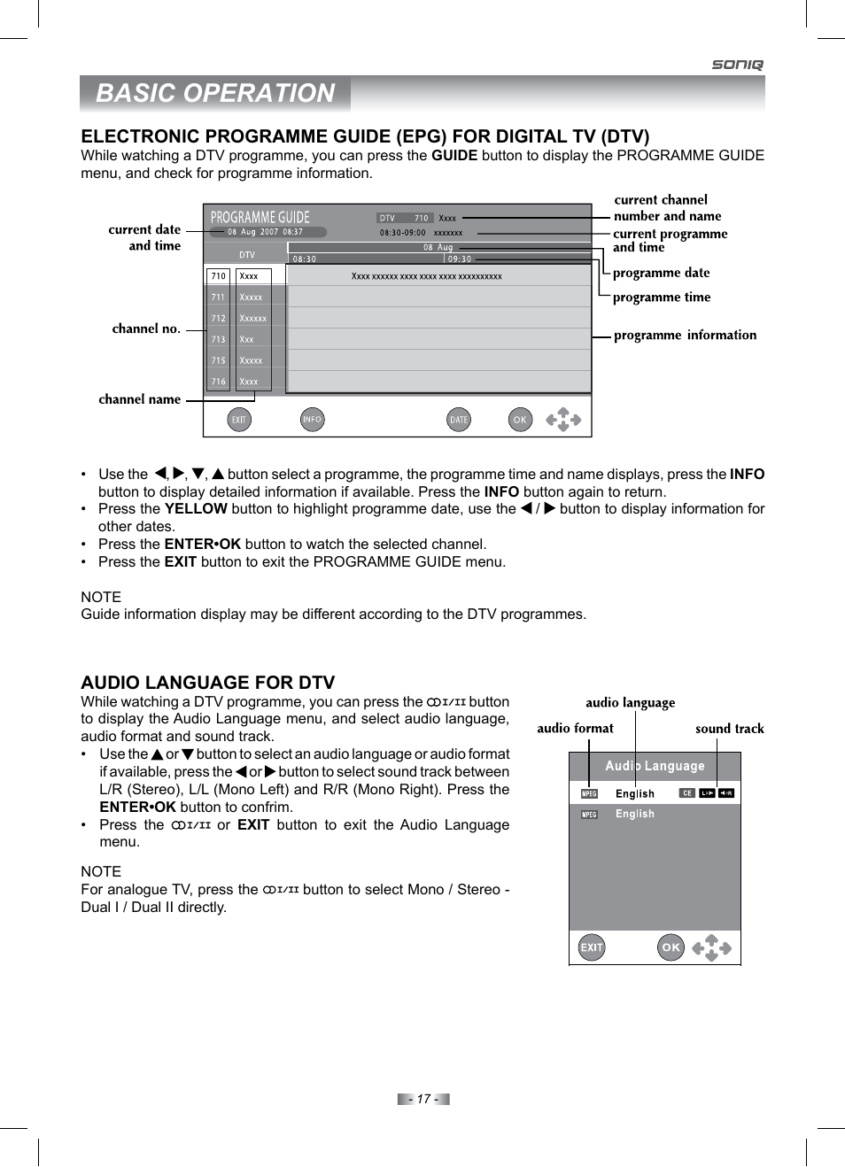 Basic operation, Audio language for dtv | SONIQ IV220T User Manual | Page 17 / 35
