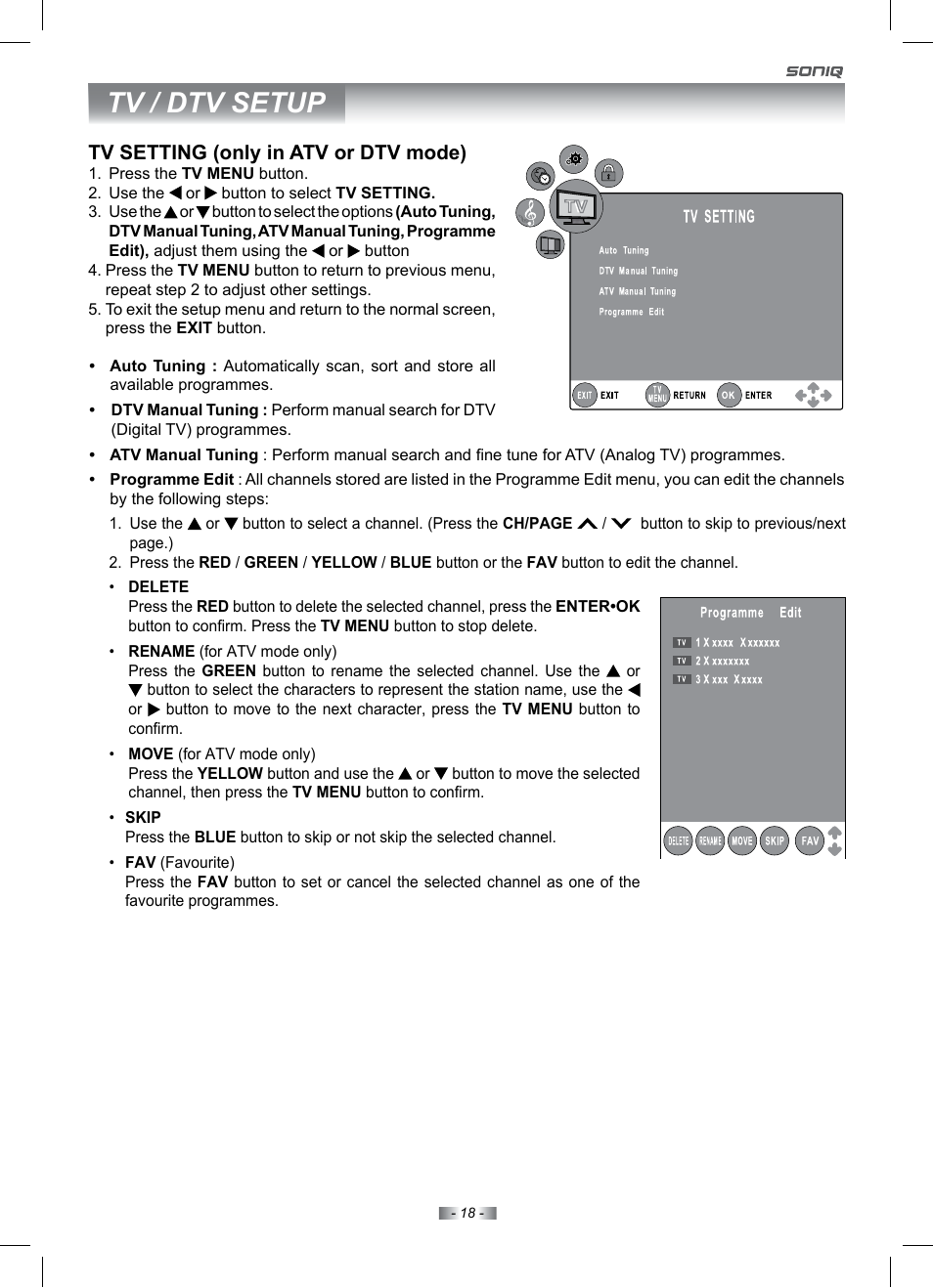 Tv / dtv setup, Tv setting (only in atv or dtv mode) | SONIQ IV220T User Manual | Page 18 / 35