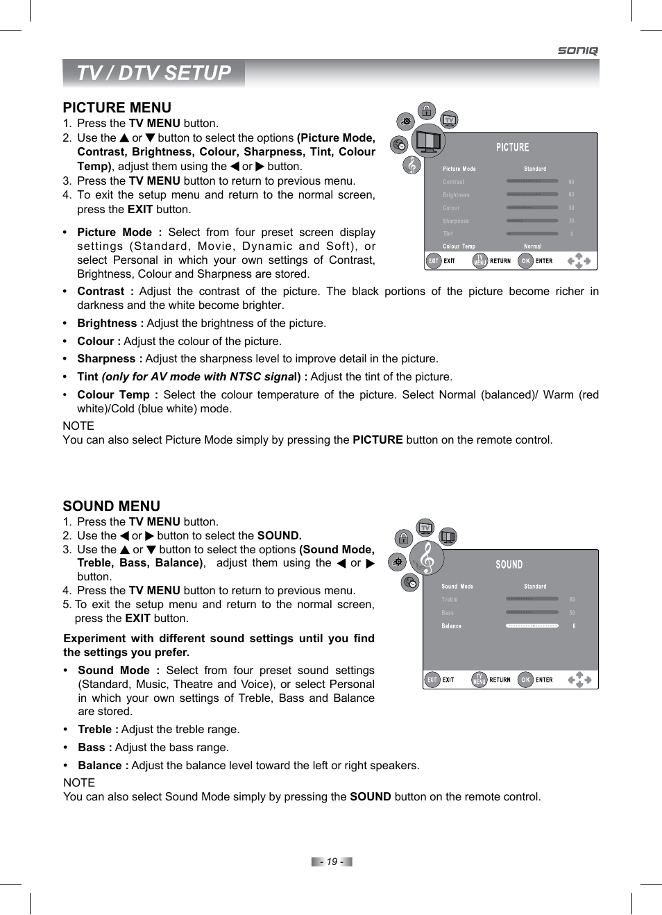 Tv / dtv setup, Picture menu, Sound menu | SONIQ IV220T User Manual | Page 19 / 35