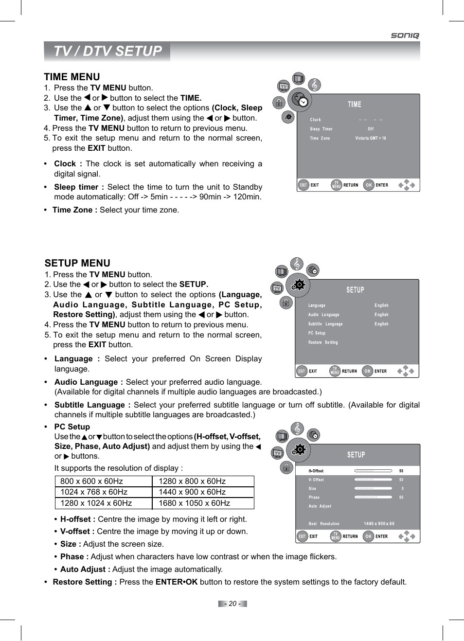 Tv / dtv setup, Time menu, Setup menu | SONIQ IV220T User Manual | Page 20 / 35