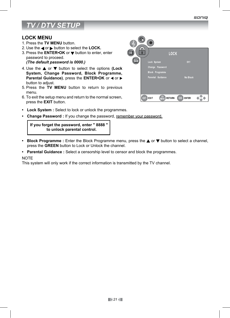 Tv / dtv setup, Lock menu | SONIQ IV220T User Manual | Page 21 / 35