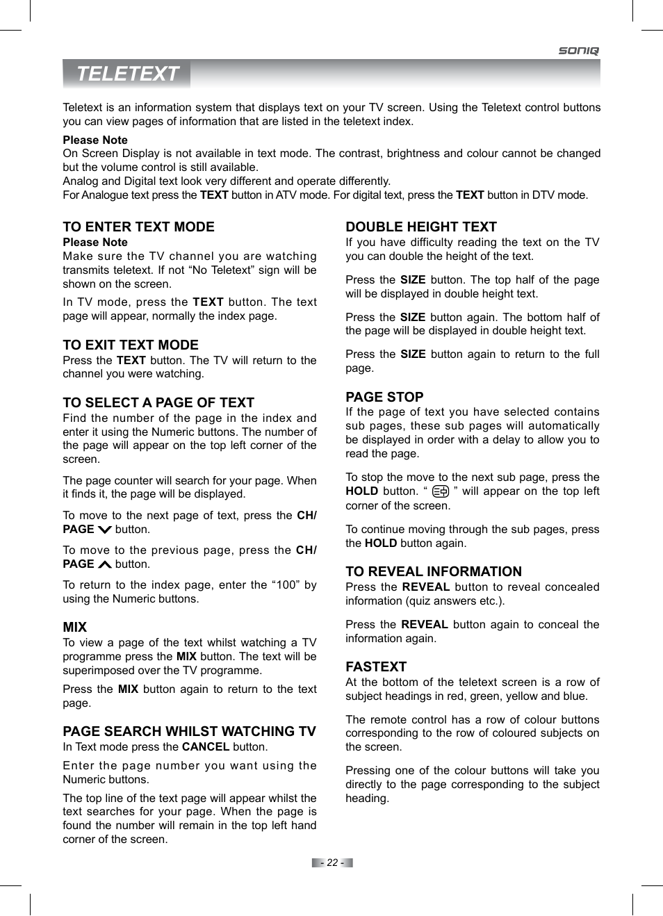 Teletext | SONIQ IV220T User Manual | Page 22 / 35