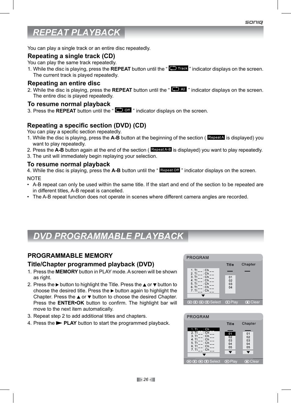Repeat playback, Dvd programmable playback, Repeating a single track (cd) | Repeating an entire disc | SONIQ IV220T User Manual | Page 26 / 35