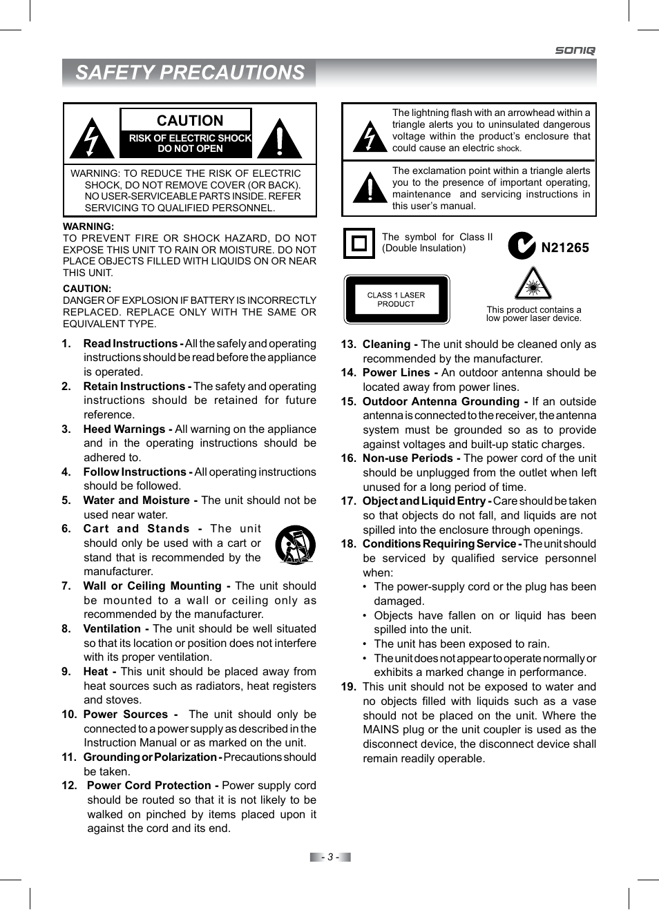 Safety precautions, Caution | SONIQ IV220T User Manual | Page 3 / 35