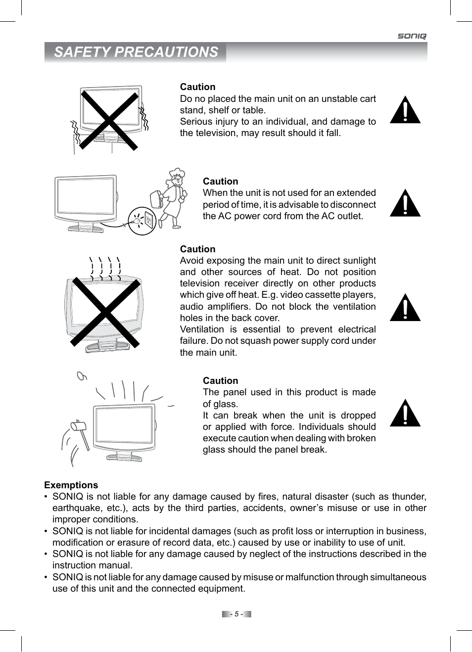 Safety precautions | SONIQ IV220T User Manual | Page 5 / 35