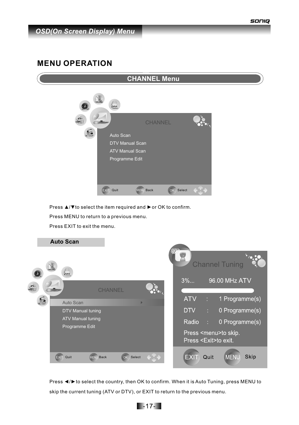 页面 18, Menu operation, Channel menu | Auto scan | SONIQ L16V10B User Manual | Page 18 / 37