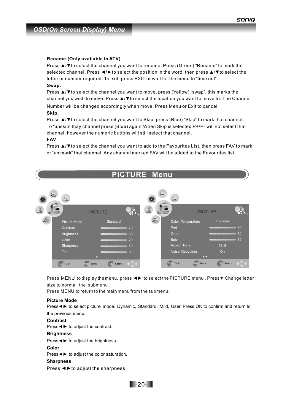 页面 21, Picture menu | SONIQ L16V10B User Manual | Page 21 / 37